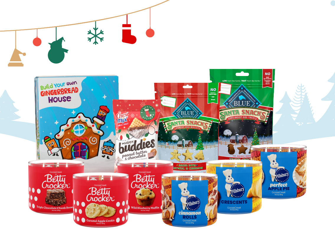 Group of holiday products on a snowy background