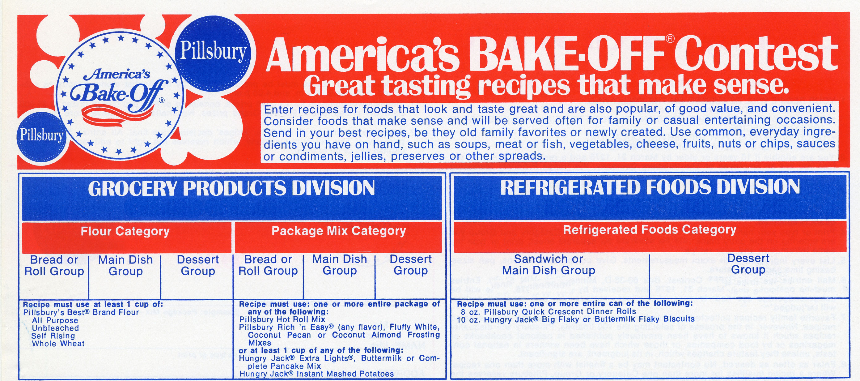 An entry form for the America's Bake-Off Contest, detailing the rules and various categories. The form is divided into two main sections: the "Grocery Products Division" and the "Refrigerated Foods Division," with specific product requirements and sub-categories listed in tables below each.