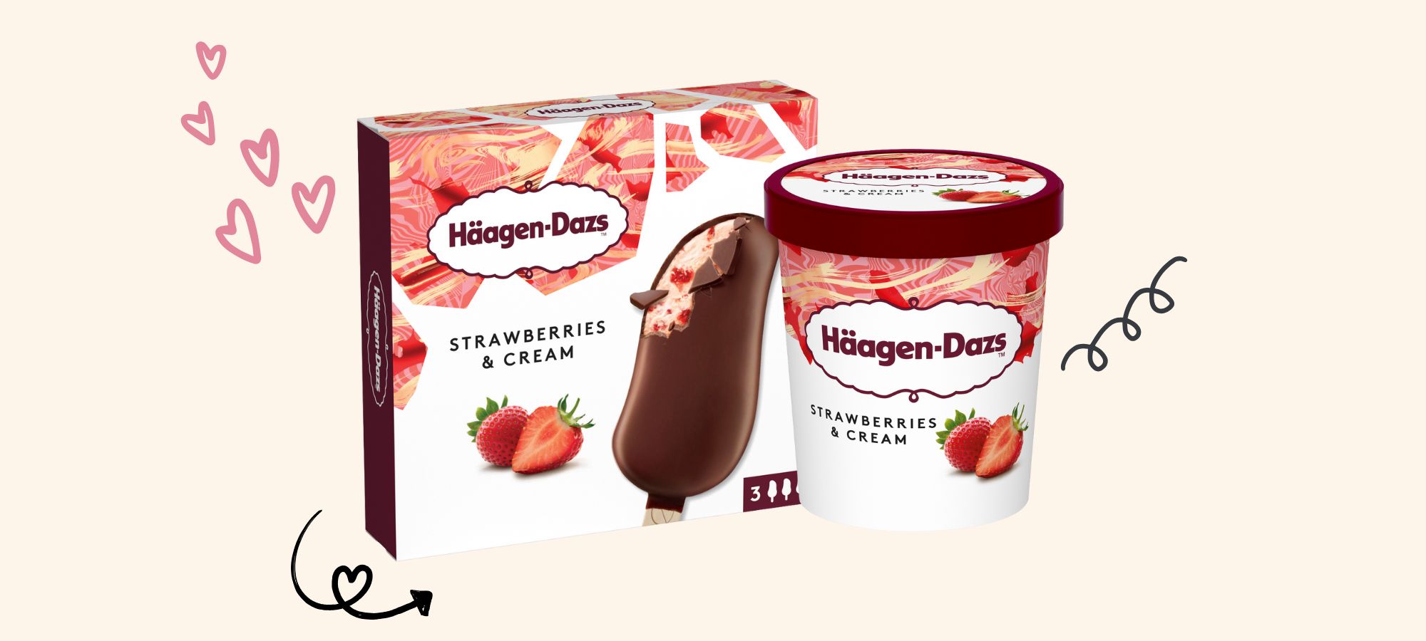 ​​International Valentine’s Day products including Haagen Dazs Strawberries and Cream on a pink background with heart doodles.