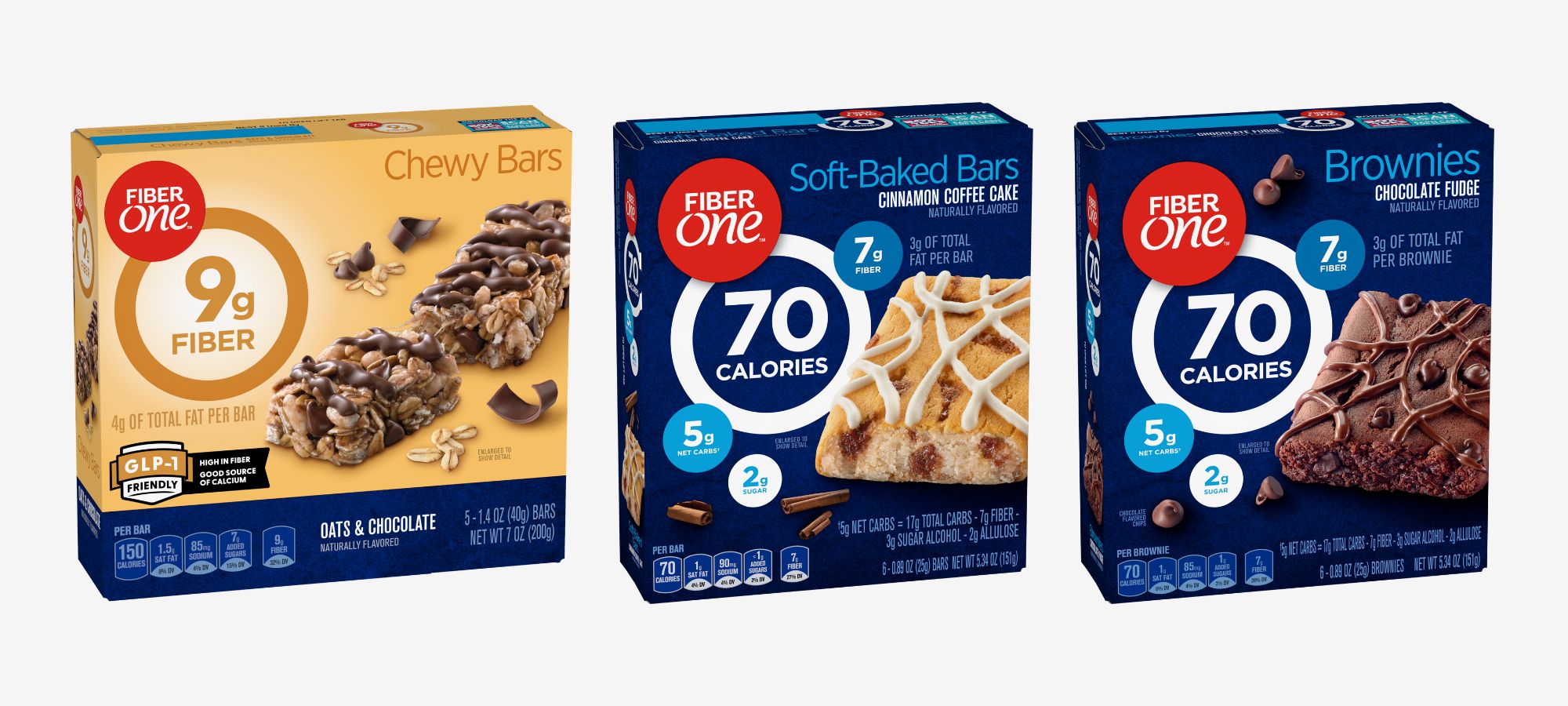 A lineup of three different Fiber One snack boxes against a white background. From left to right: a yellow box of Oats & Chocolate Chewy Bars, a blue box of Cinnamon Coffee Cake Soft-Baked Bars, and a blue box of Chocolate Fudge Brownies.