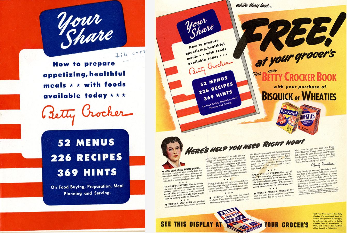 Vintage "Your Share" Betty Crocker recipe booklet from World War II, alongside an advertisement for a free copy with the purchase of Bisquick or Wheaties.