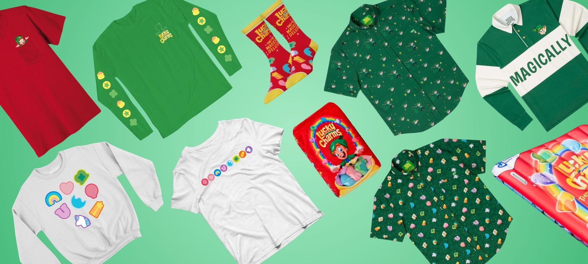 ​​Lucky Charms apparel including t-shirts, sweatshirts, socks on a green background.