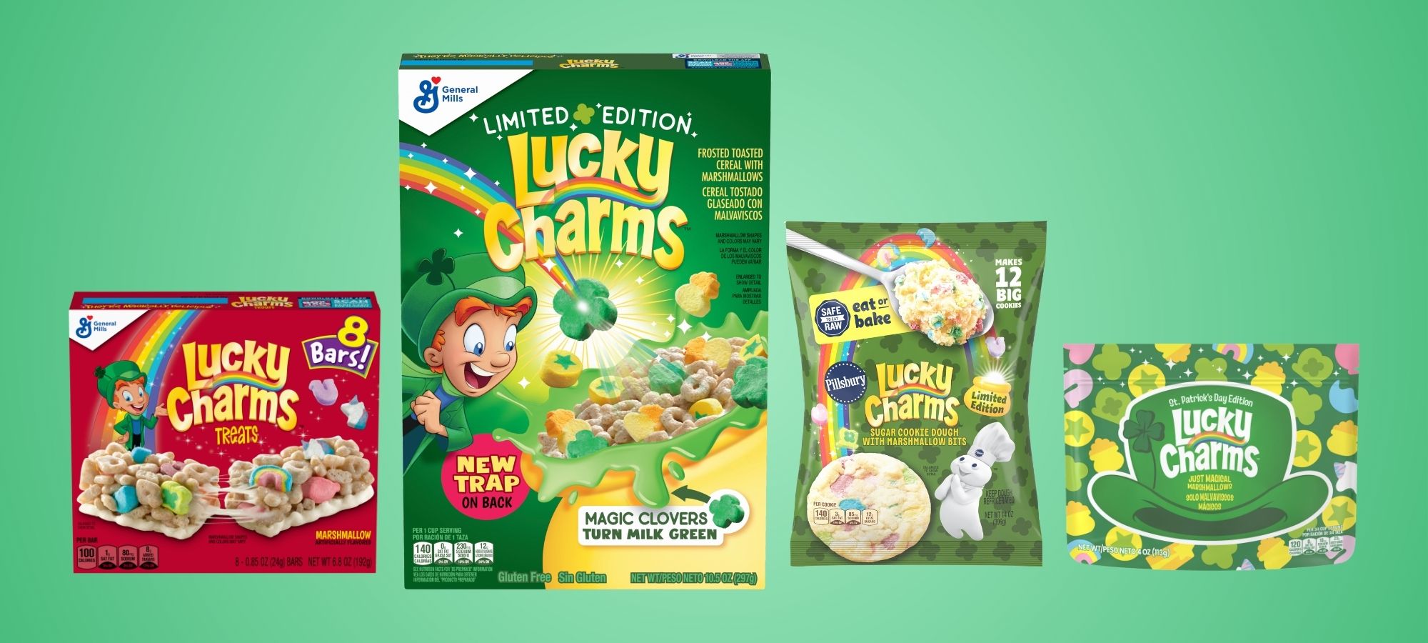 ​​Lucky Charms products including Lucky Charms Turns Milks Green Limited-Edition Cereal and Lucky Charms Treat Bars on a green background.​