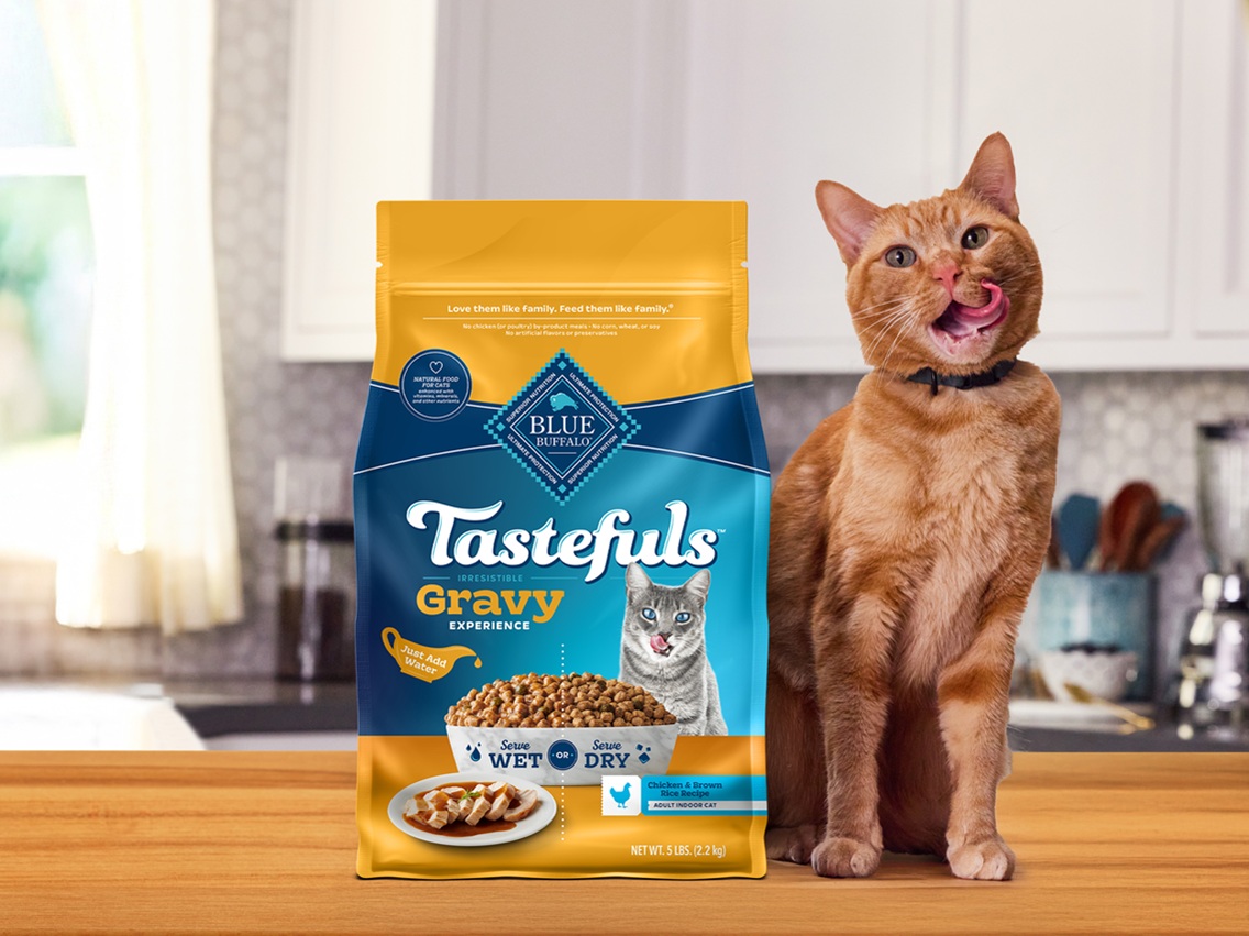 An orange tabby cat is sitting on a wooden countertop in a brightly lit kitchen. The cat is looking at the camera and licking its lips. Next to it stands a 5 lb bag of Blue Buffalo Tastefuls Irresistible Gravy Experience cat food. The packaging is blue and yellow and indicates the flavor is "Chicken & Brown Rice Recipe" for adult indoor cats. It also shows that the food can be served dry or wet by just adding water.