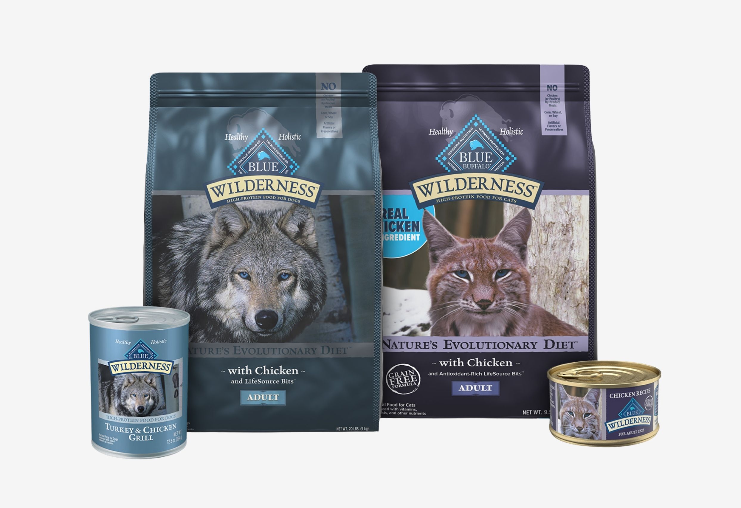 Two large bags and two small cans of Blue Buffalo Wilderness dog and cat food. 