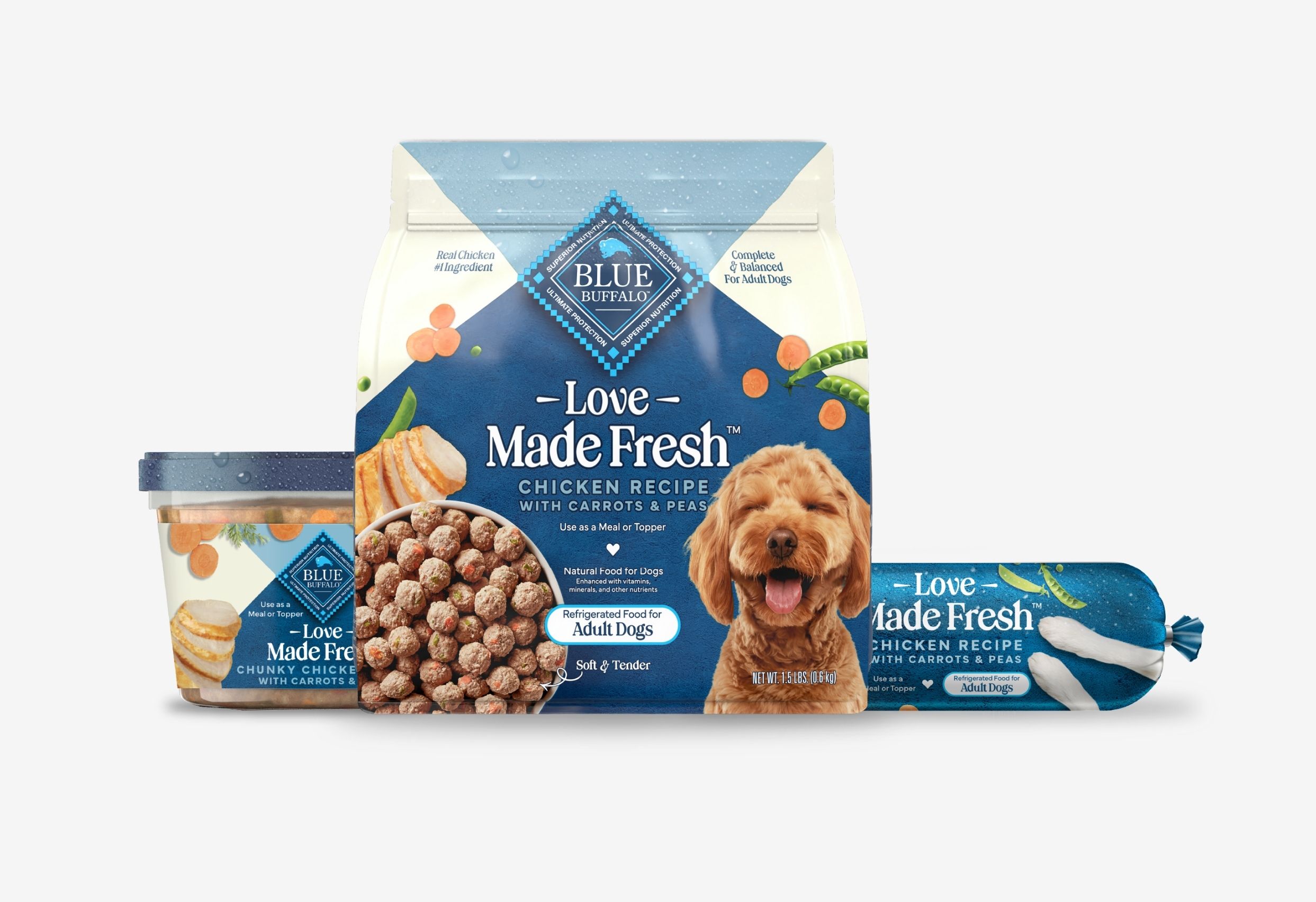 A large bag, a plastic container, and a tube of Blue Buffalo Love Made Fresh dog food. 