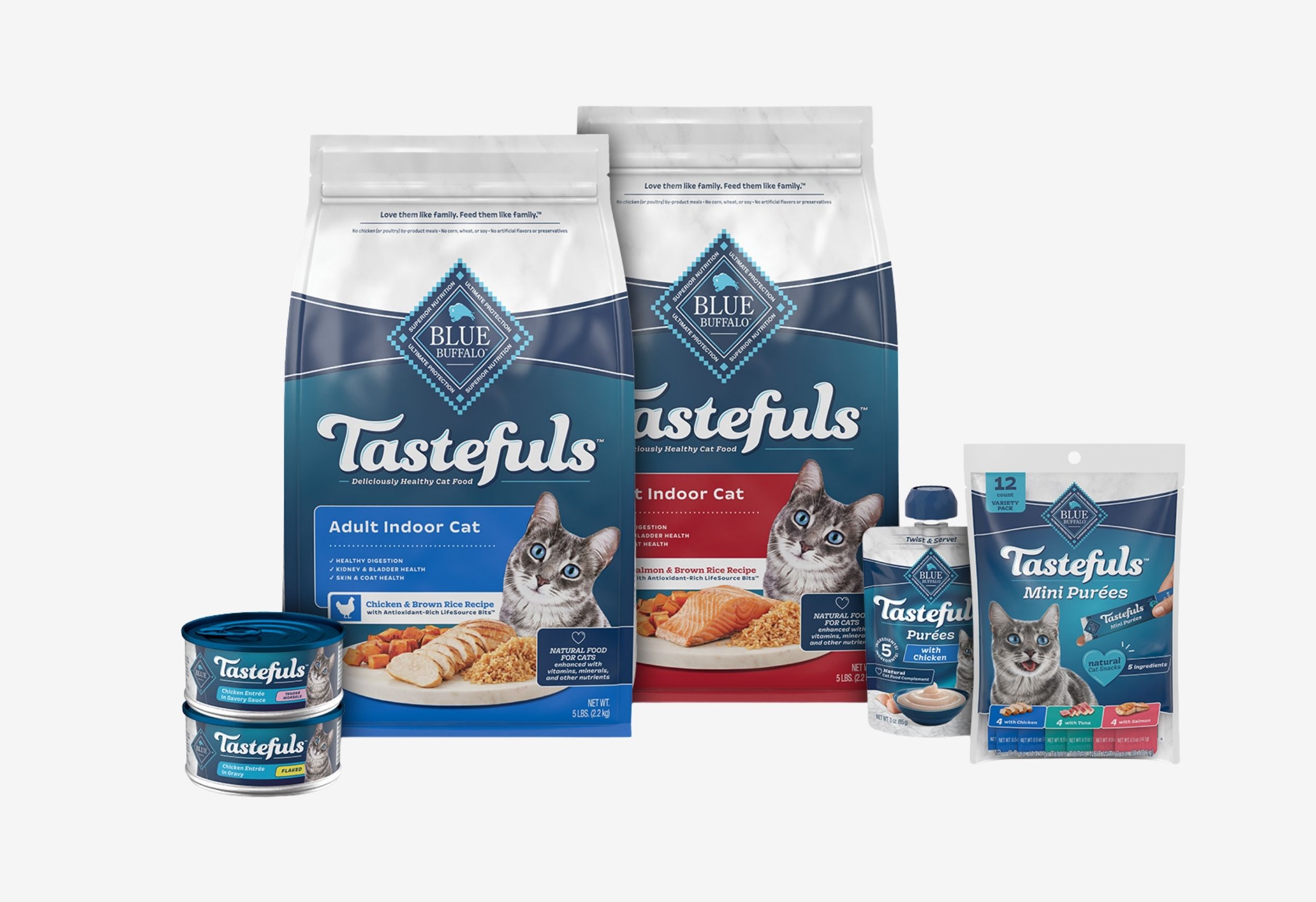 Two large bags, two small cans and a pouch of Blue Buffalo Tastefuls cat food. 
