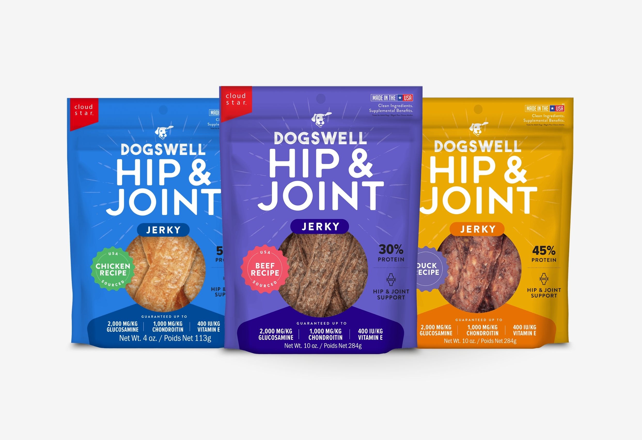 Three stand-up pouches of Dogswell Hip & Joint Jerky for dogs. 