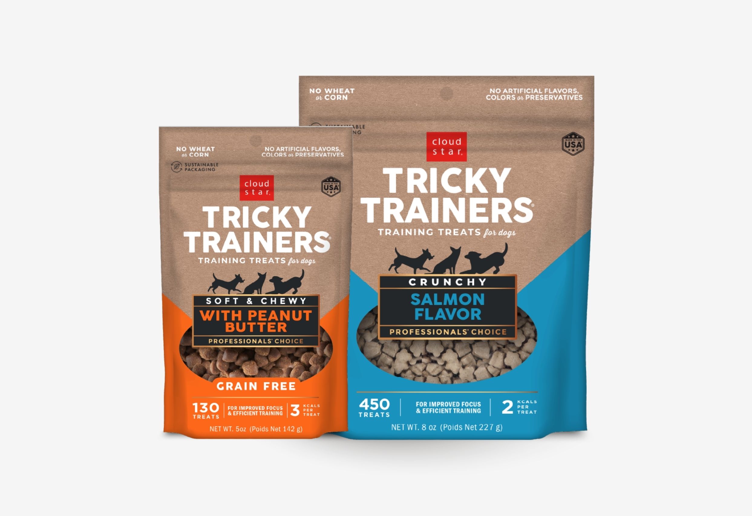 Two pouches of Cloud Star Tricky Trainers dog treats. 