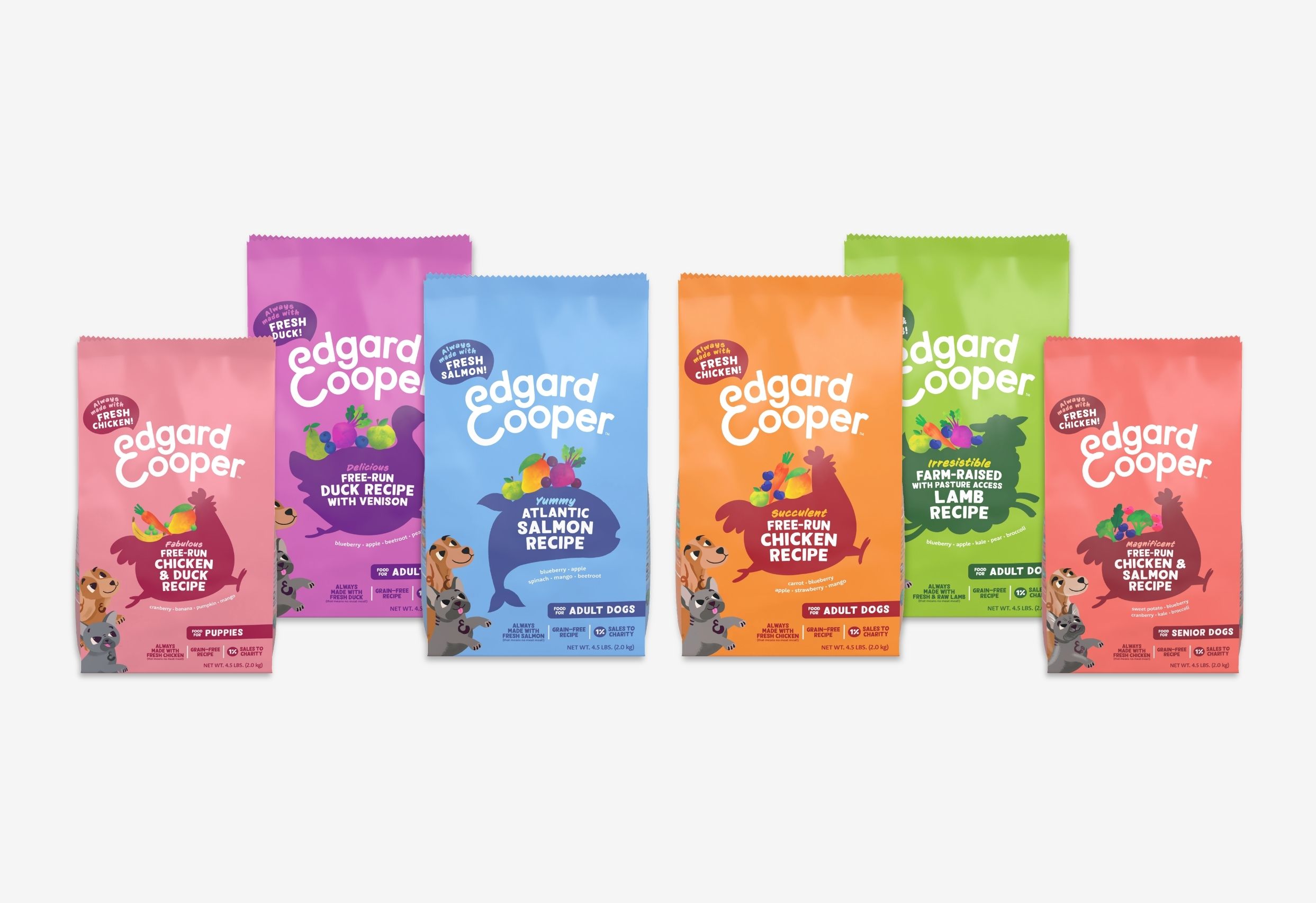 A vibrant display of six Edgard & Cooper dry dog food bags in various colors and recipes.