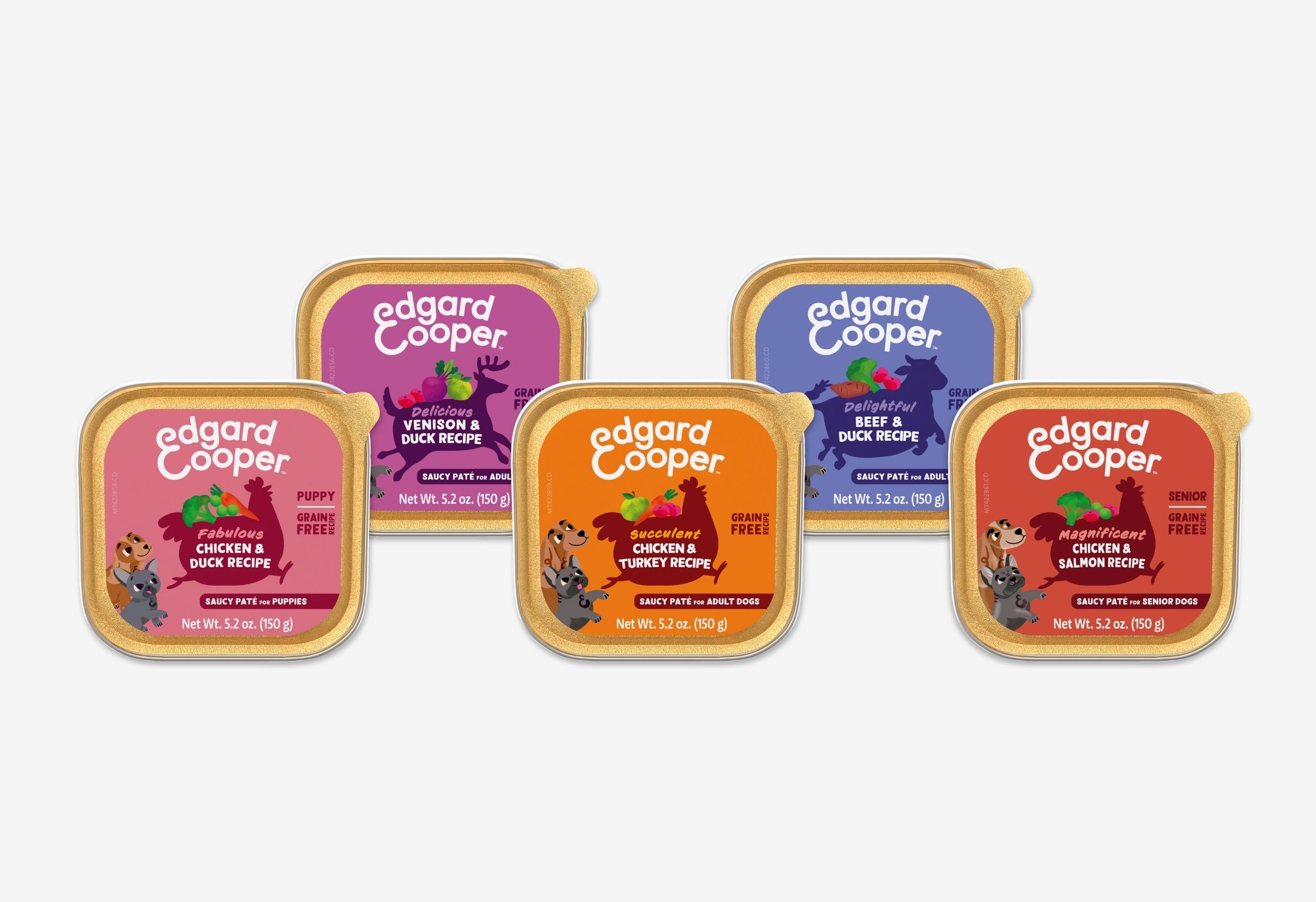 Five square trays of Edgard & Cooper's wet dog food in varlous flavors.