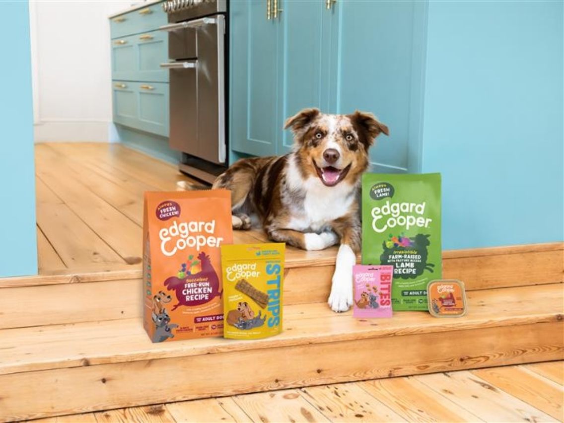 A happy Australian Shepherd dog with a merle coat lies on a wooden floor, surrounded by various Edgard & Cooper dog food and treat products. Behind the dog is a light blue kitchen island. 