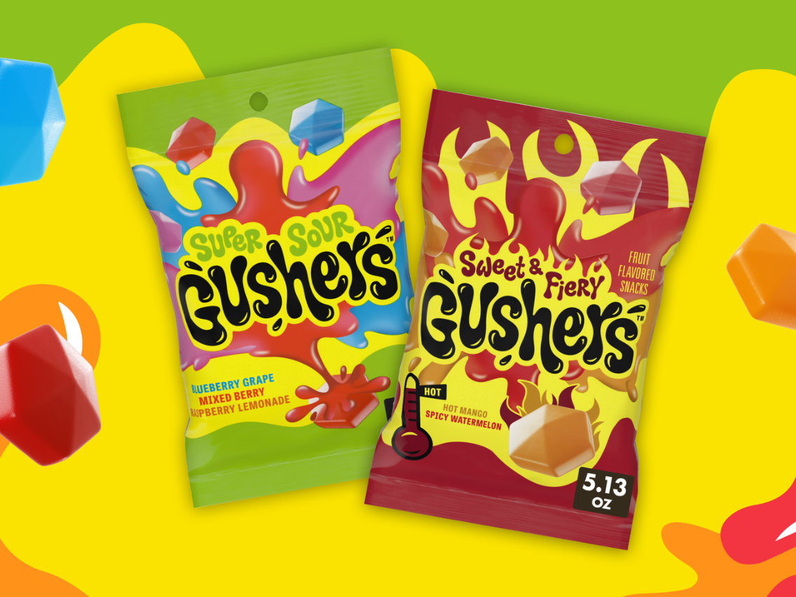 Gushers Super Sour and Gushers Sweet & Fiery in packaging for the candy aisle, set against a colorful background with floating Gushers pieces.