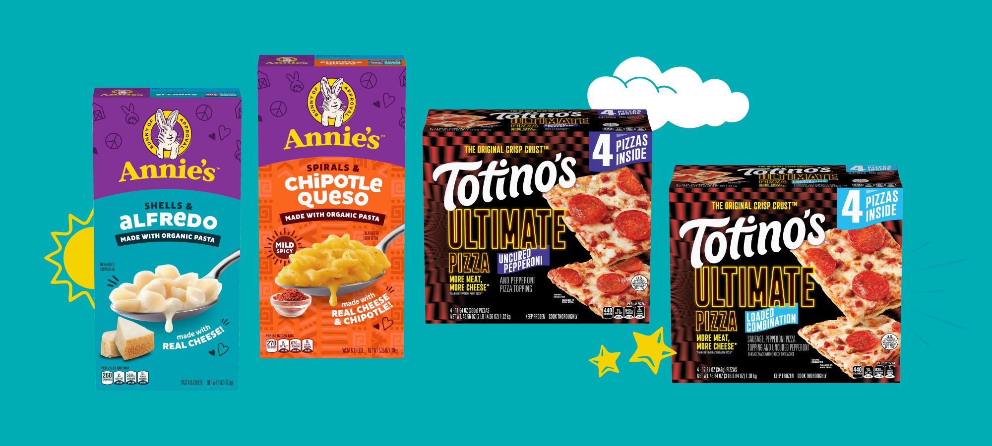 Easy summer dinners like Totino’s Ultimate Pizza Multipack and Annie’s Spirals and Chipotle Queso featured on a summer-themed background.