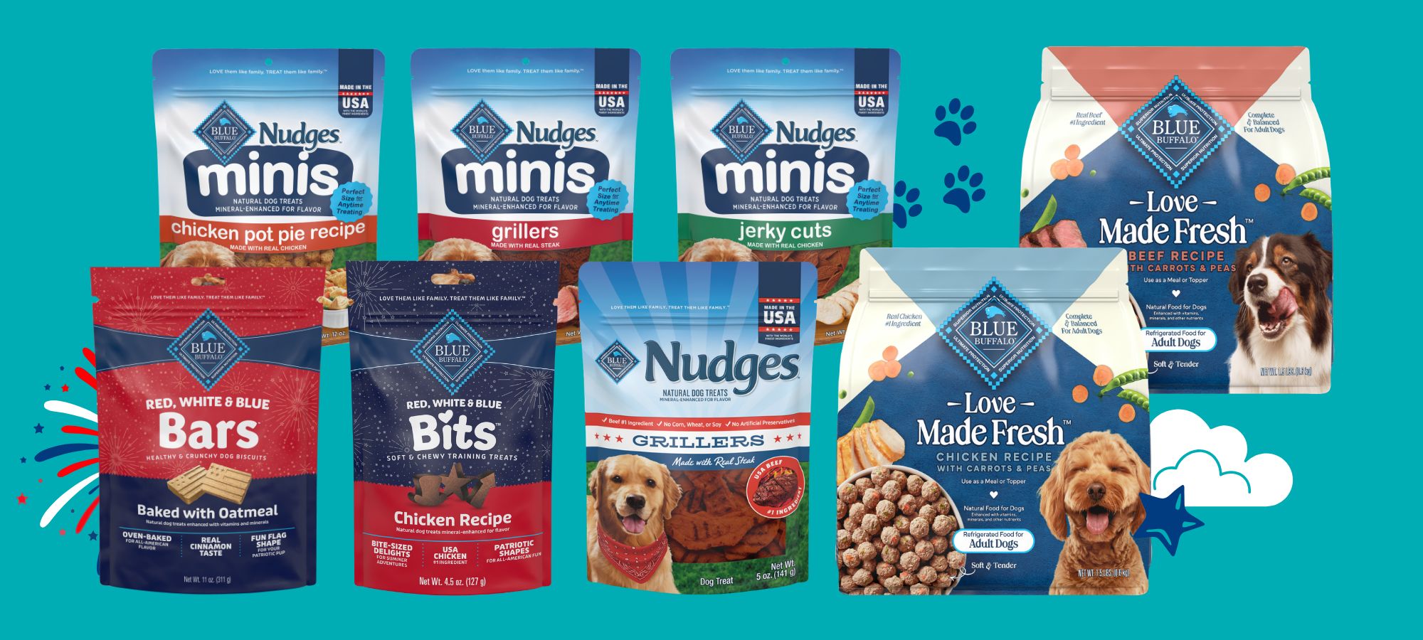 New pet treat arrivals for summer including Blue Buffalo Nudges Minis and Blue Buffalo Red, White and Blue Treats on a summer-themed background.