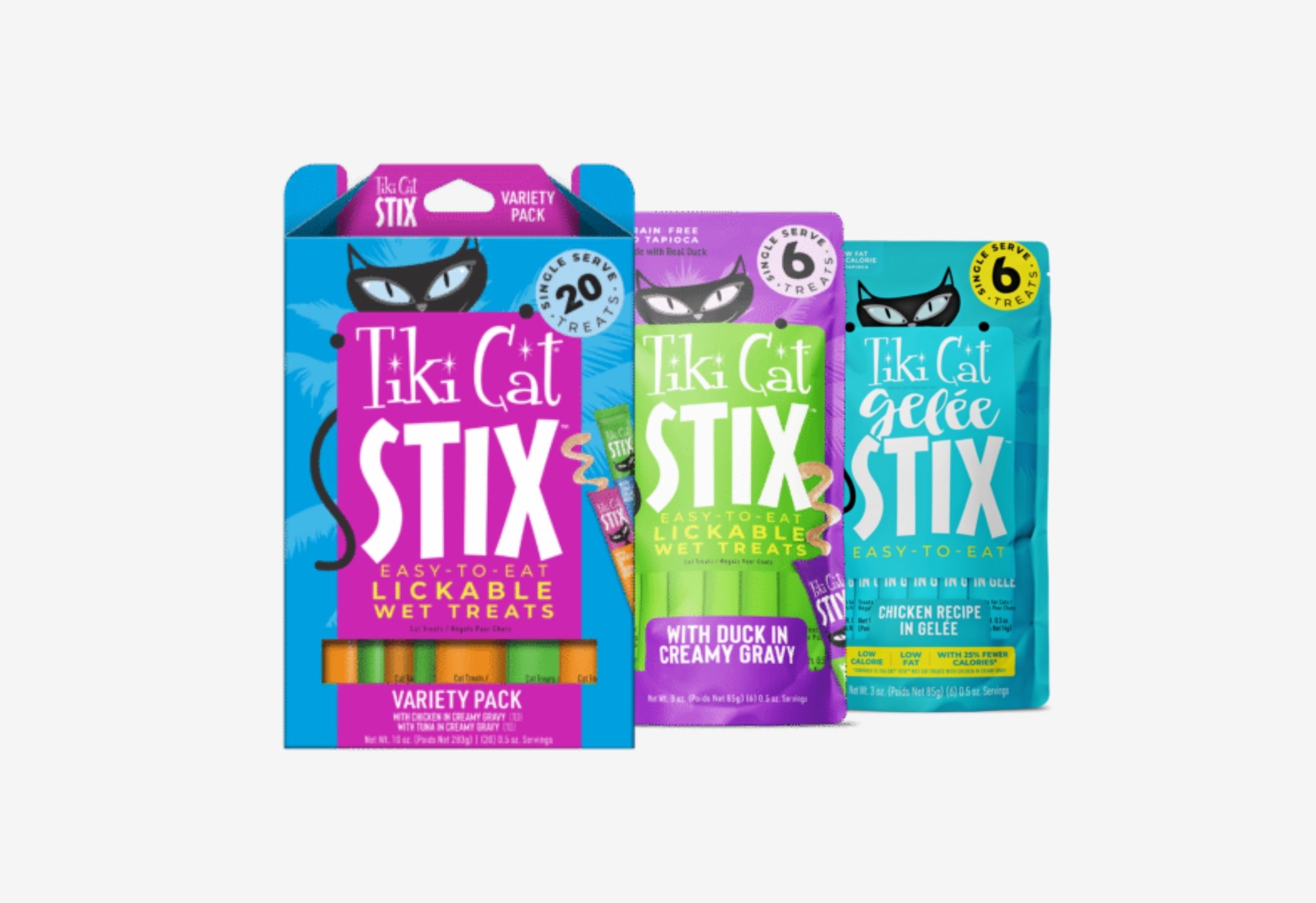 Three packages of Tiki Cat Stix wet treats for cats. 