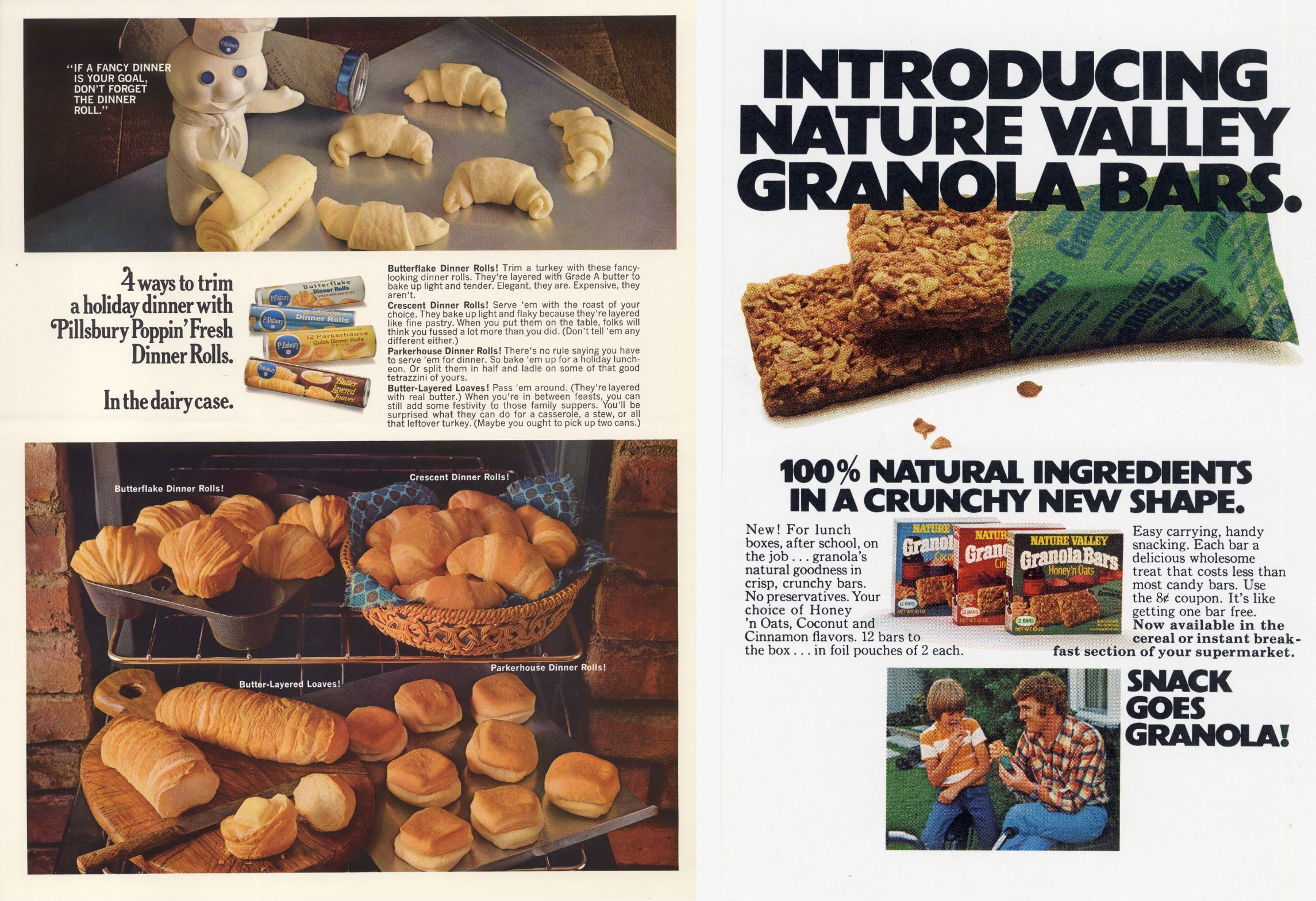 An advertisement on the left for Pillsbury Dinner Rolls features the Pillsbury Doughboy and various baked rolls, promoting different ways to prepare them for a holiday dinner. On the right, an ad introduces "Nature Valley Granola Bars," showing the product in its green packaging and a child eating one, emphasizing "100% Natural Ingredients."